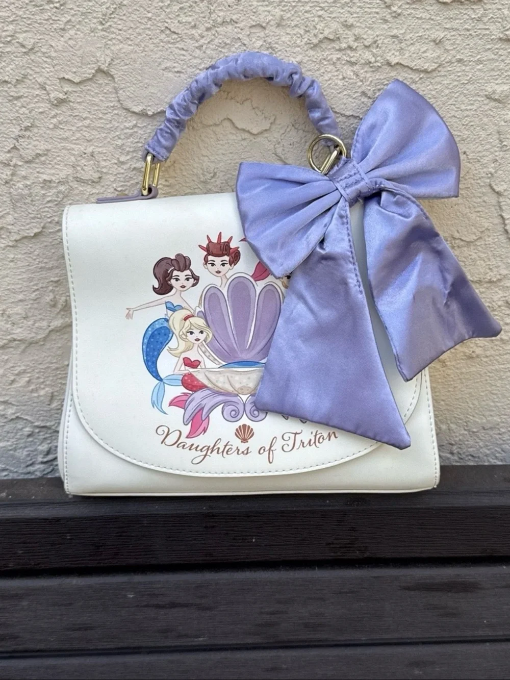 Loungefly White Satchel with Lavender Bow and Ruched Handle